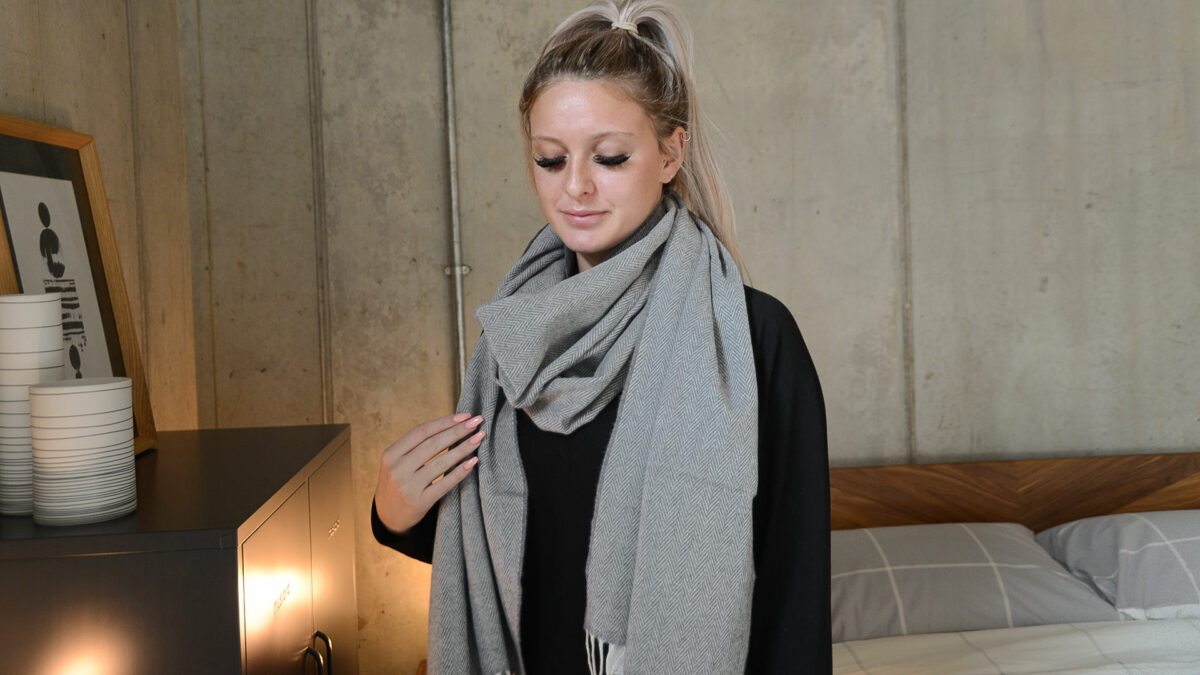 Grey Herringbone Cashmere & Merino Wrap