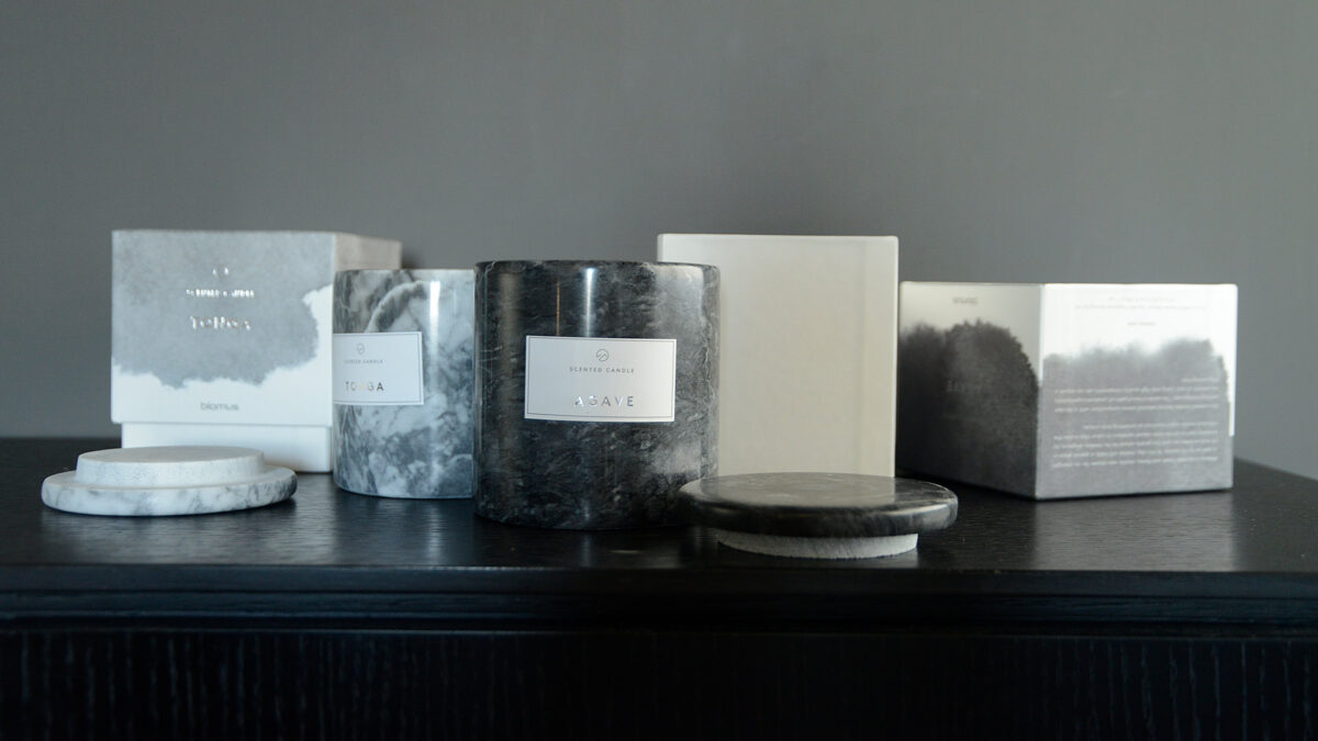 luxury scented candles in marble jars with lids