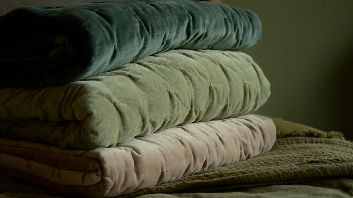 luxury velvet quilts in forest green sage or beige