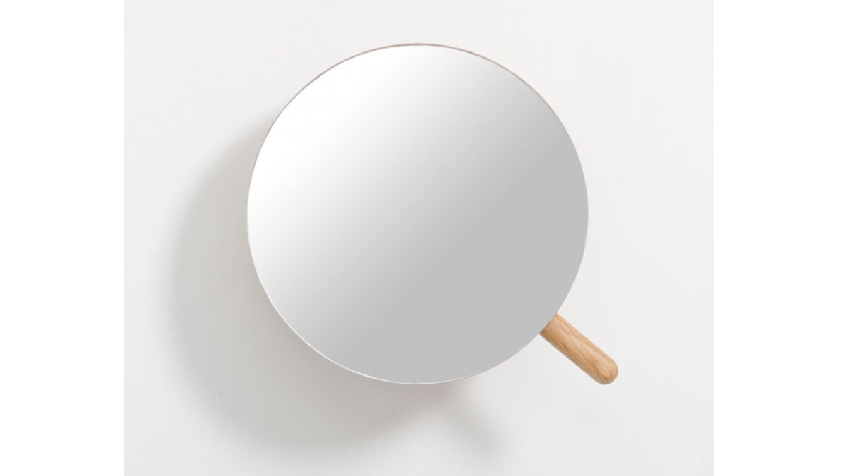 magnifying wall mirror with oak back and handle