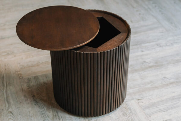 storage stool or side table in dark mahogany shown with lid open