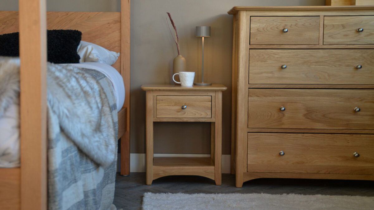 traditional style oak bedside table with drawer and open shelf