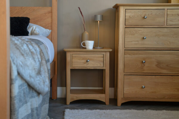 traditional style oak bedside table with drawer and open shelf