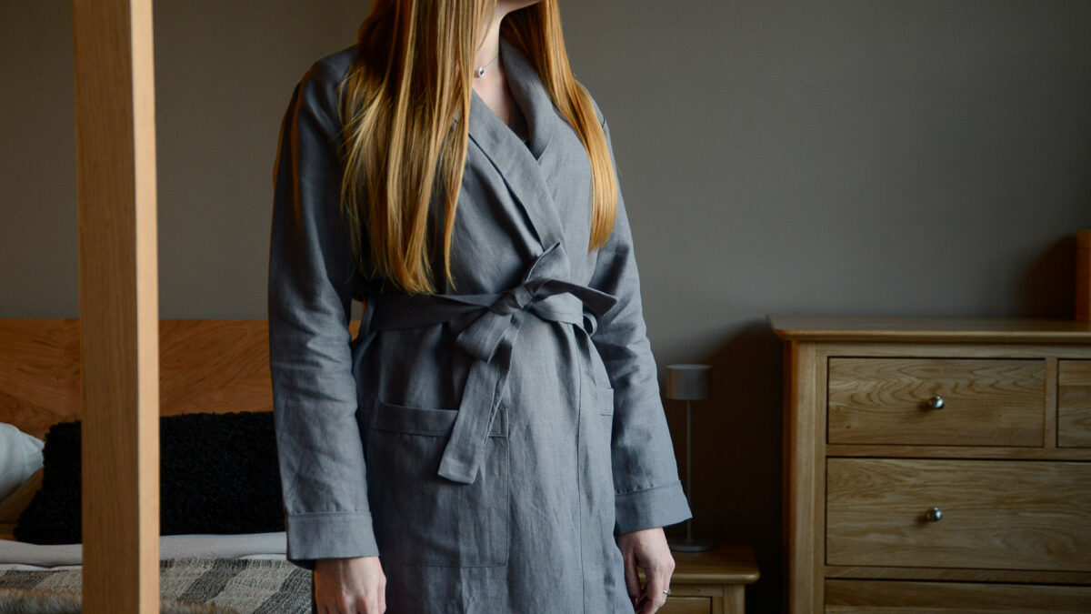 organic linen dressing gown in charcoal grey