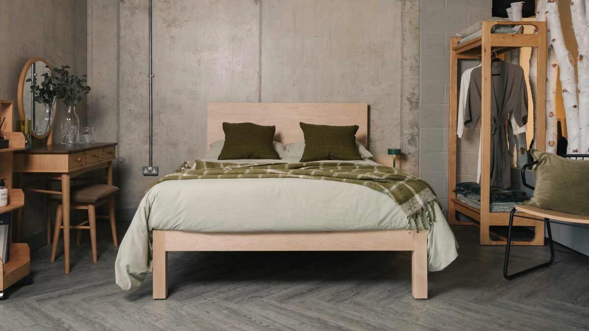 maple Bamford bed with green bedding 1