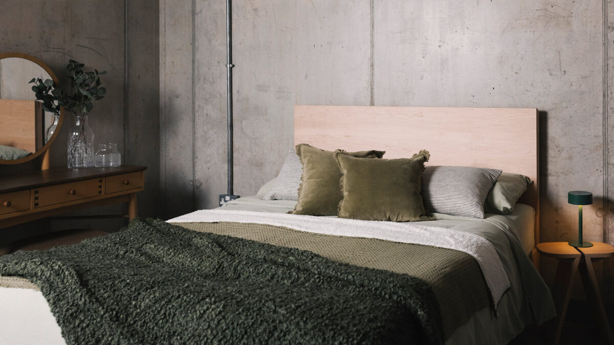 maple Bamford bed with green bedding