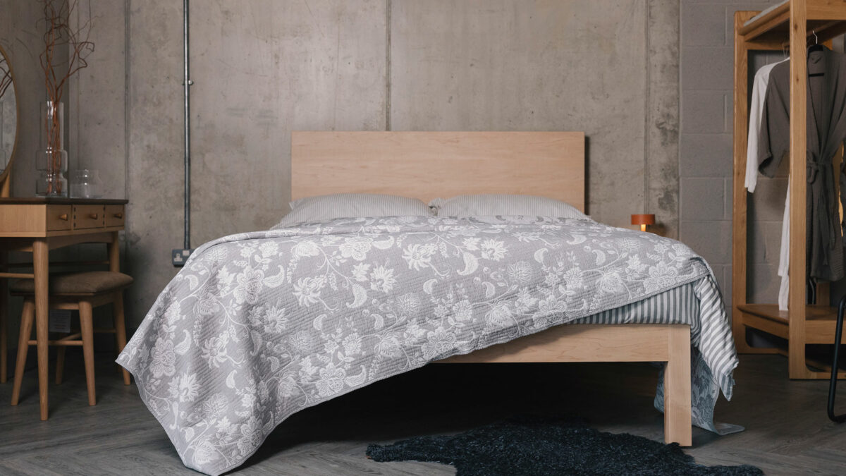 maple Bamford bed with grey floral bedspread 1280