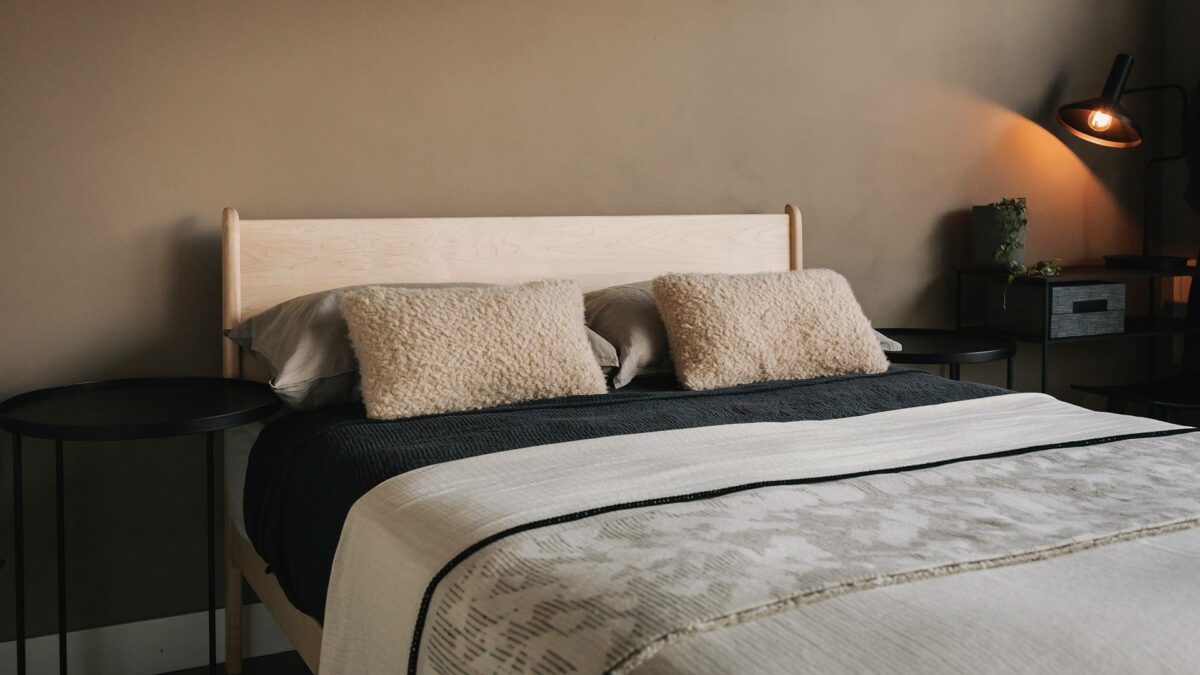 maple Camden headboard with ethnicraft side tables