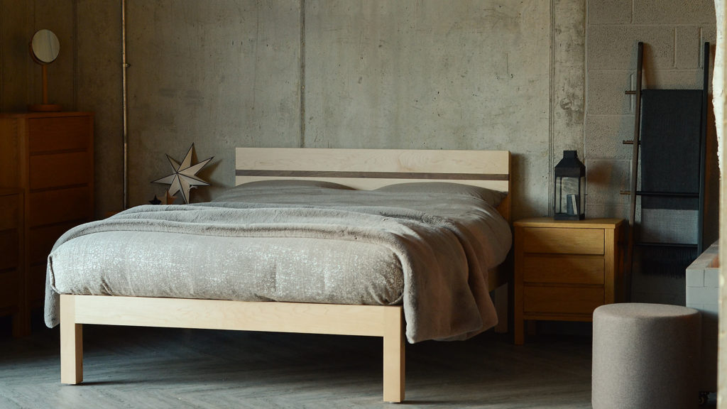 Tibet modern solid wood bed made from maple with a walnut headboard stripe