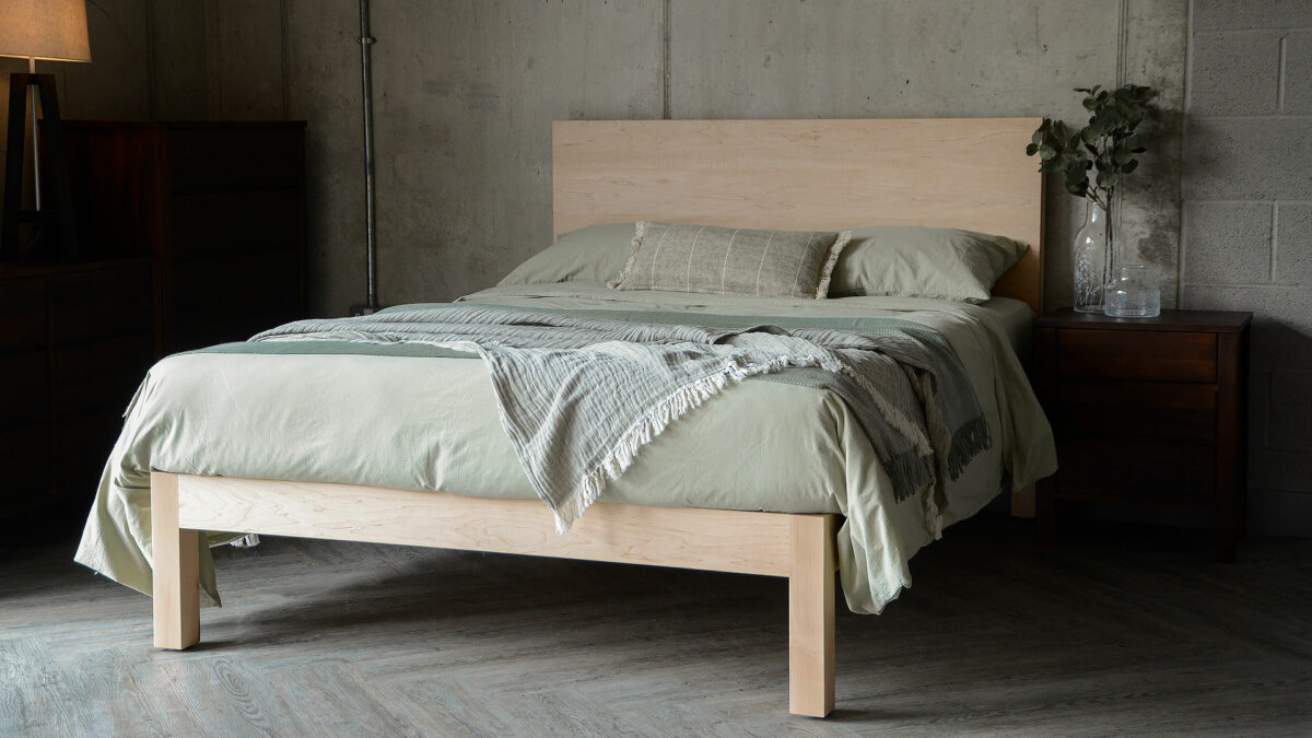 maple bamford modern bed with green bedding