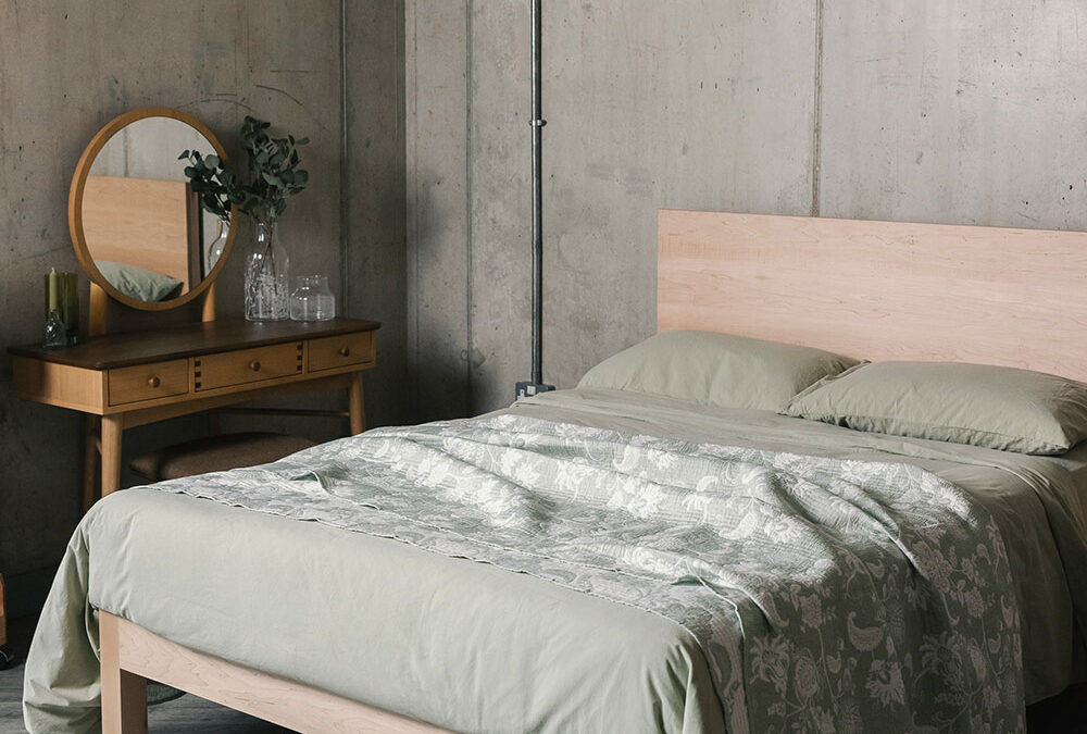 maple bamford modern bed with green bedding portrait
