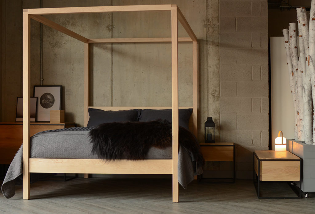 Contemporary solid wooden 4 poster bed the Orchid in a Scandi style bedroom