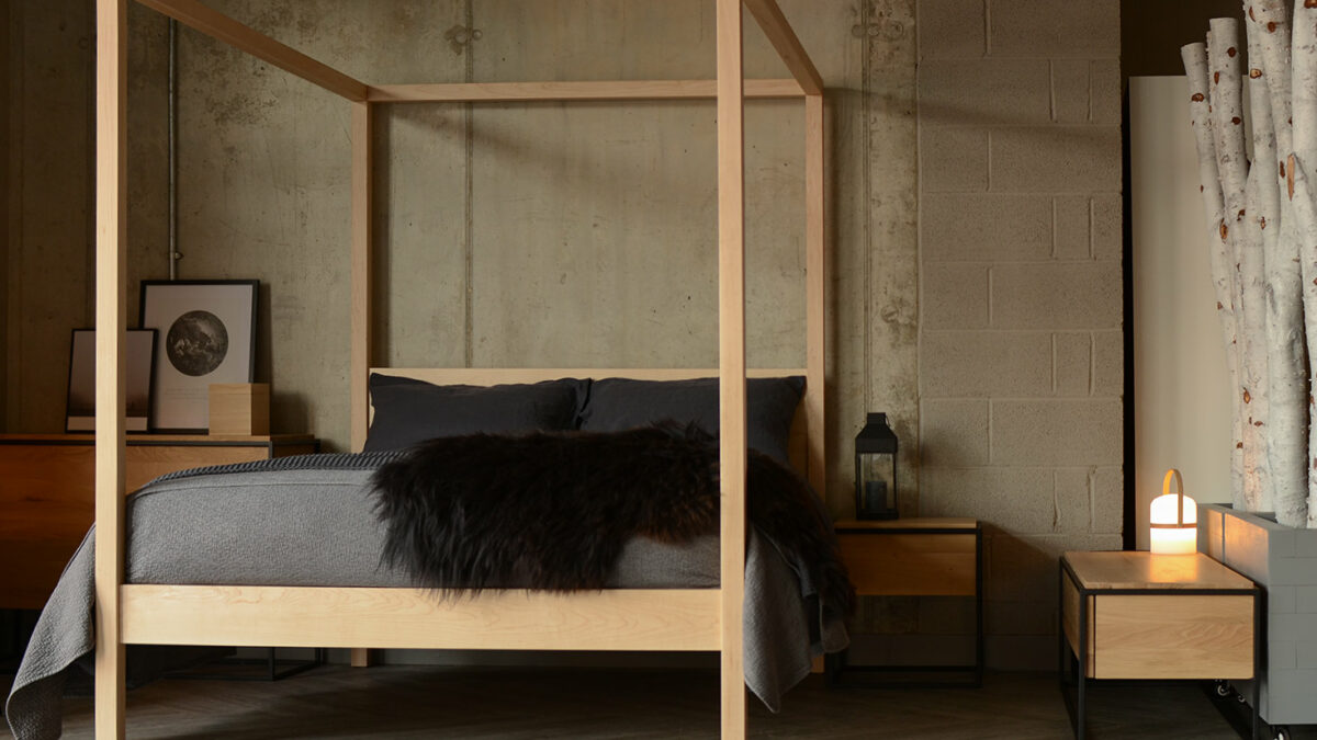 Contemporary solid wooden 4 poster bed the Orchid in a Scandi style bedroom