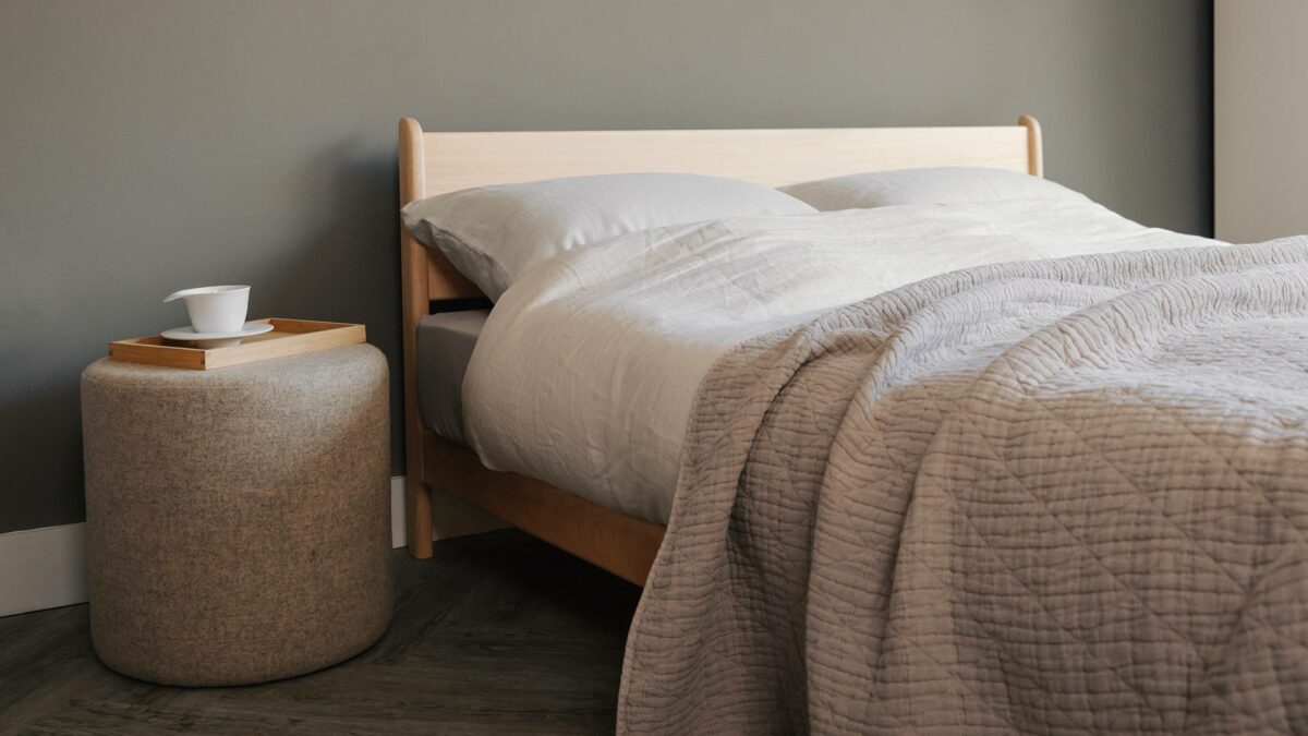 Side view of the pimlico contemporary low bed in solid maple