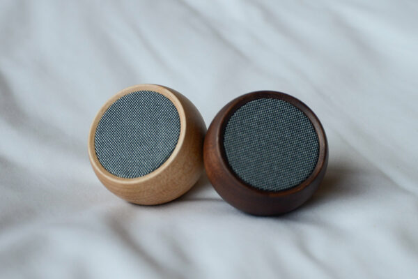 mini wooden bluetooth speakers in walnut and maple