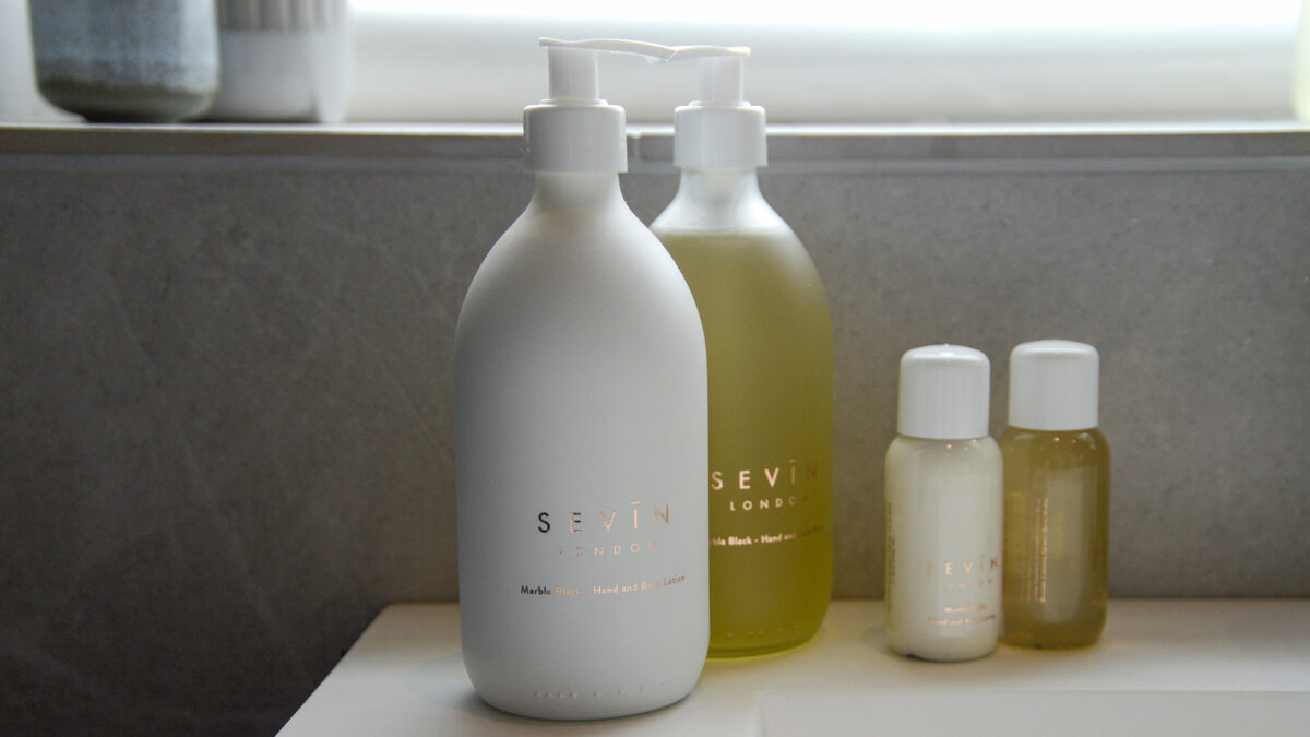 Sevin luxury natural bathroom toiletries including liquid hand soap and hand lotion