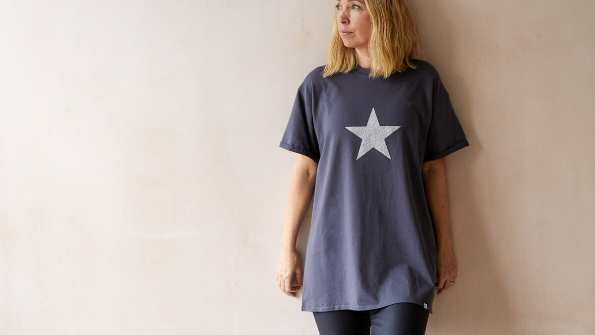 charcoal grey T shirt with silver star motif