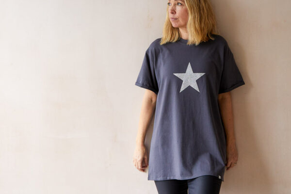 charcoal grey T shirt with silver star motif