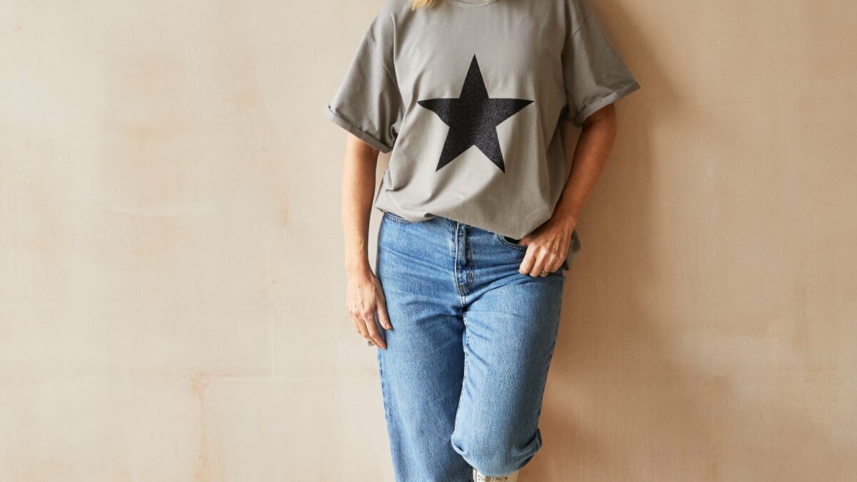 mouse grey T shirt with black sparkle star motif