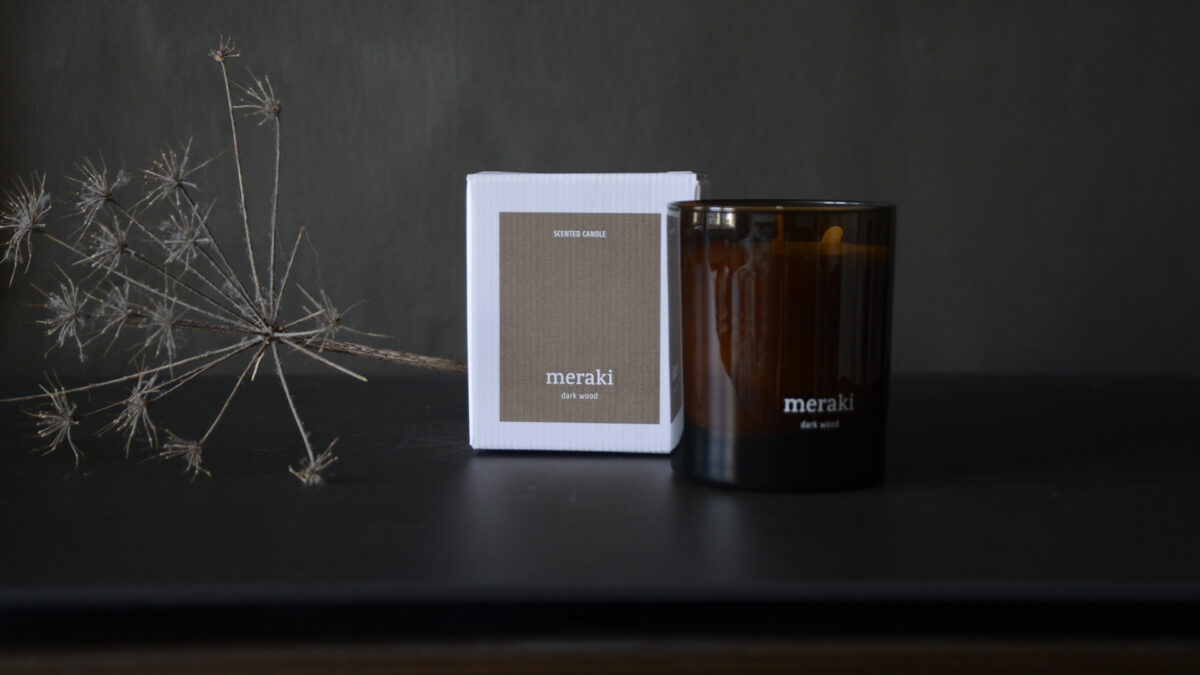 meraki dark wood scented candle