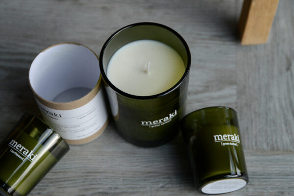 Meraki scented candles in green glass jars