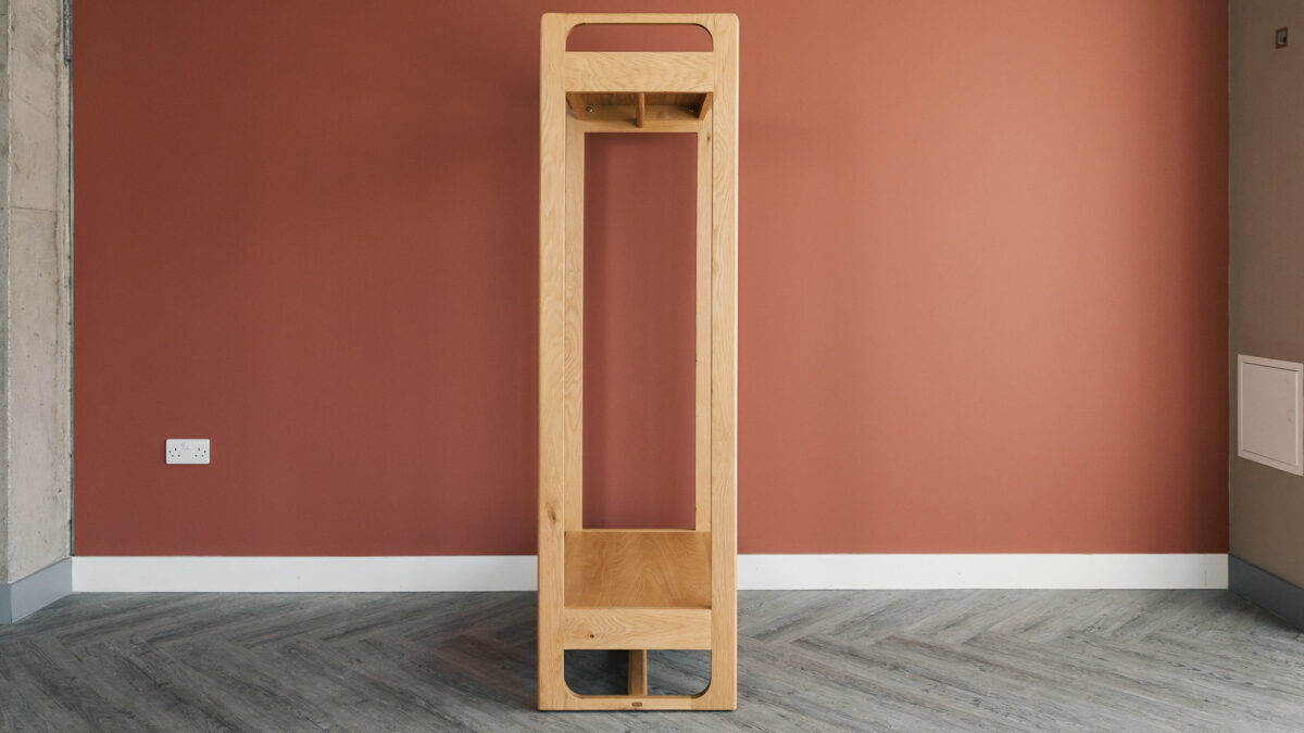 mid century style oak clothes rail side view