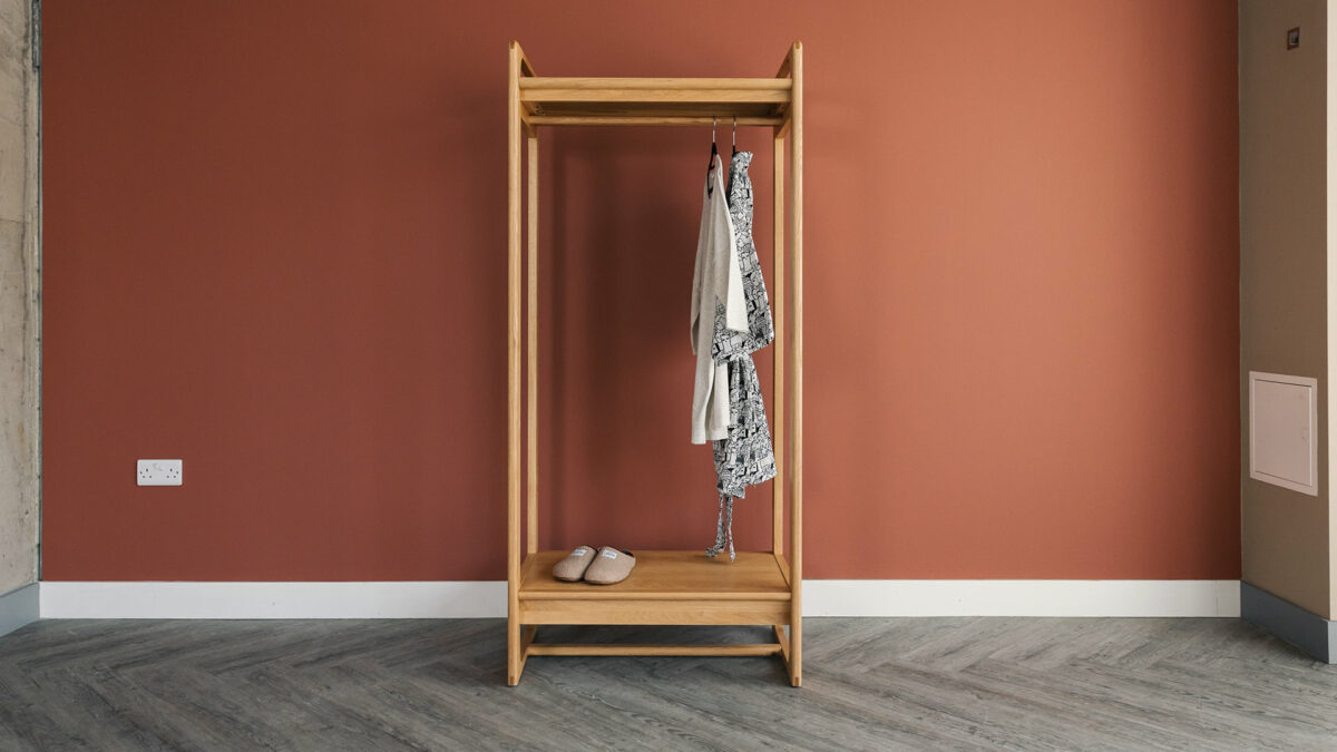 mid century style oak clothing rail front
