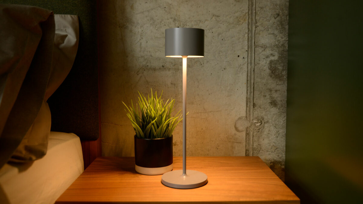 chargeable indoor/outdoor light in warm grey colour shown lit