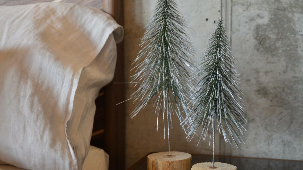 frosted bristle small christmas trees with wood bases