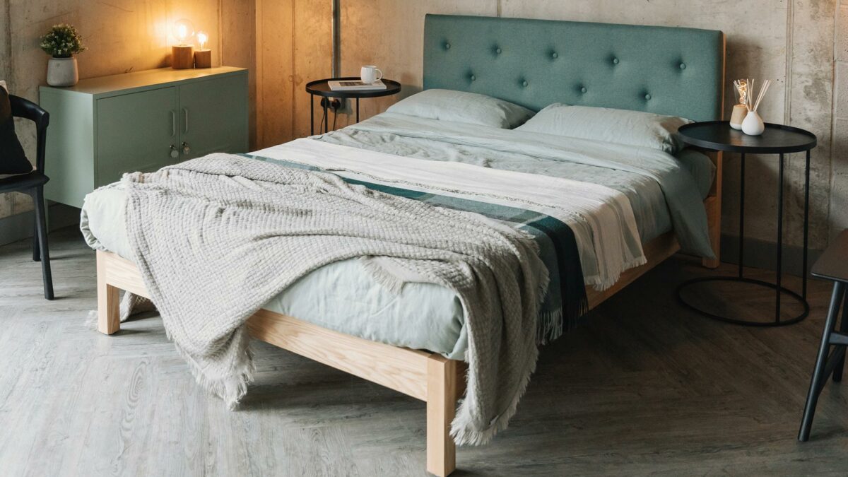 mint green organic linen bedding on the ash Arran bedbase