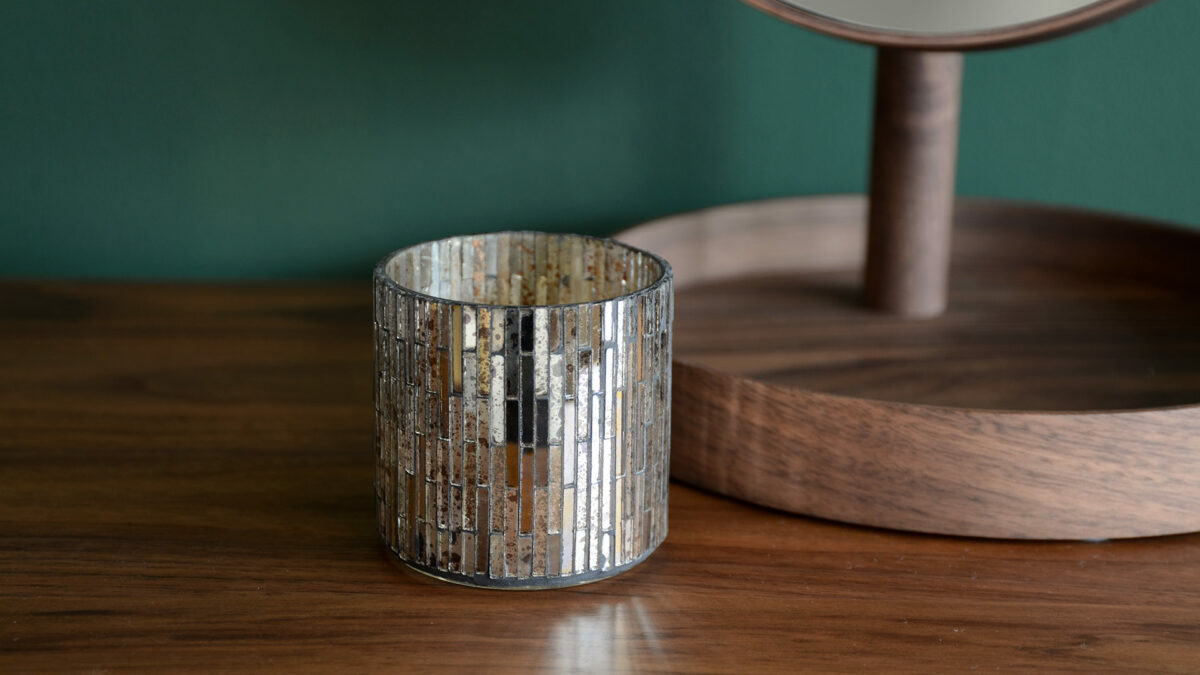 mirrored candle holder silver and gold mosaic