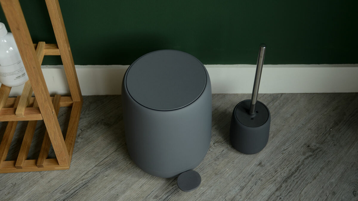 soft touch bathroom bin and toilet brush set in dark grey