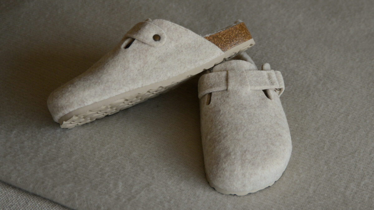 beige felted wool clog style slippers with sheepskin inners