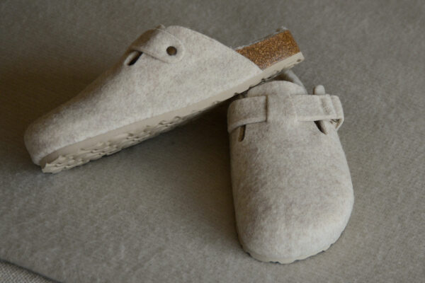 beige felted wool clog style slippers with sheepskin inners