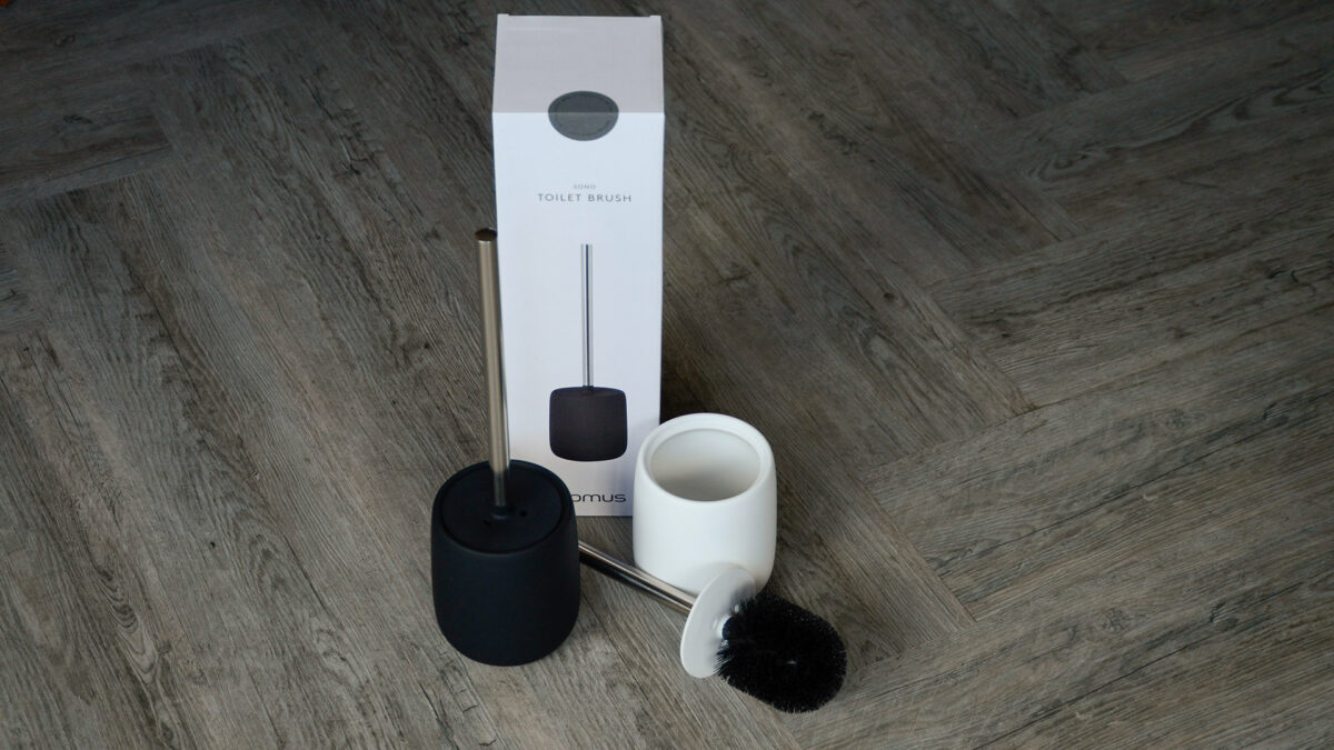 soft touch toilet brush set with stainless steel handles in black and white