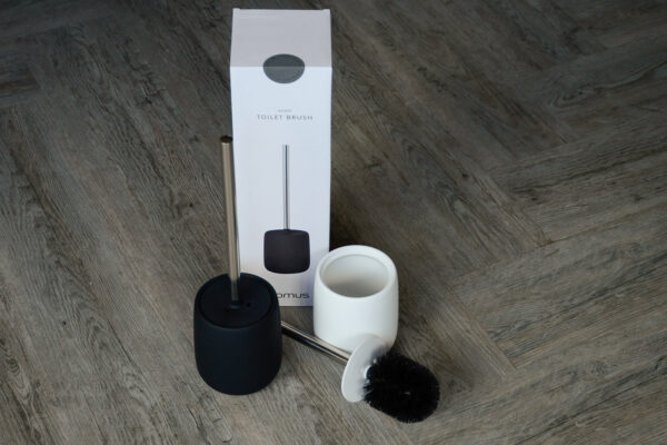 soft touch toilet brush set with stainless steel handles in black and white