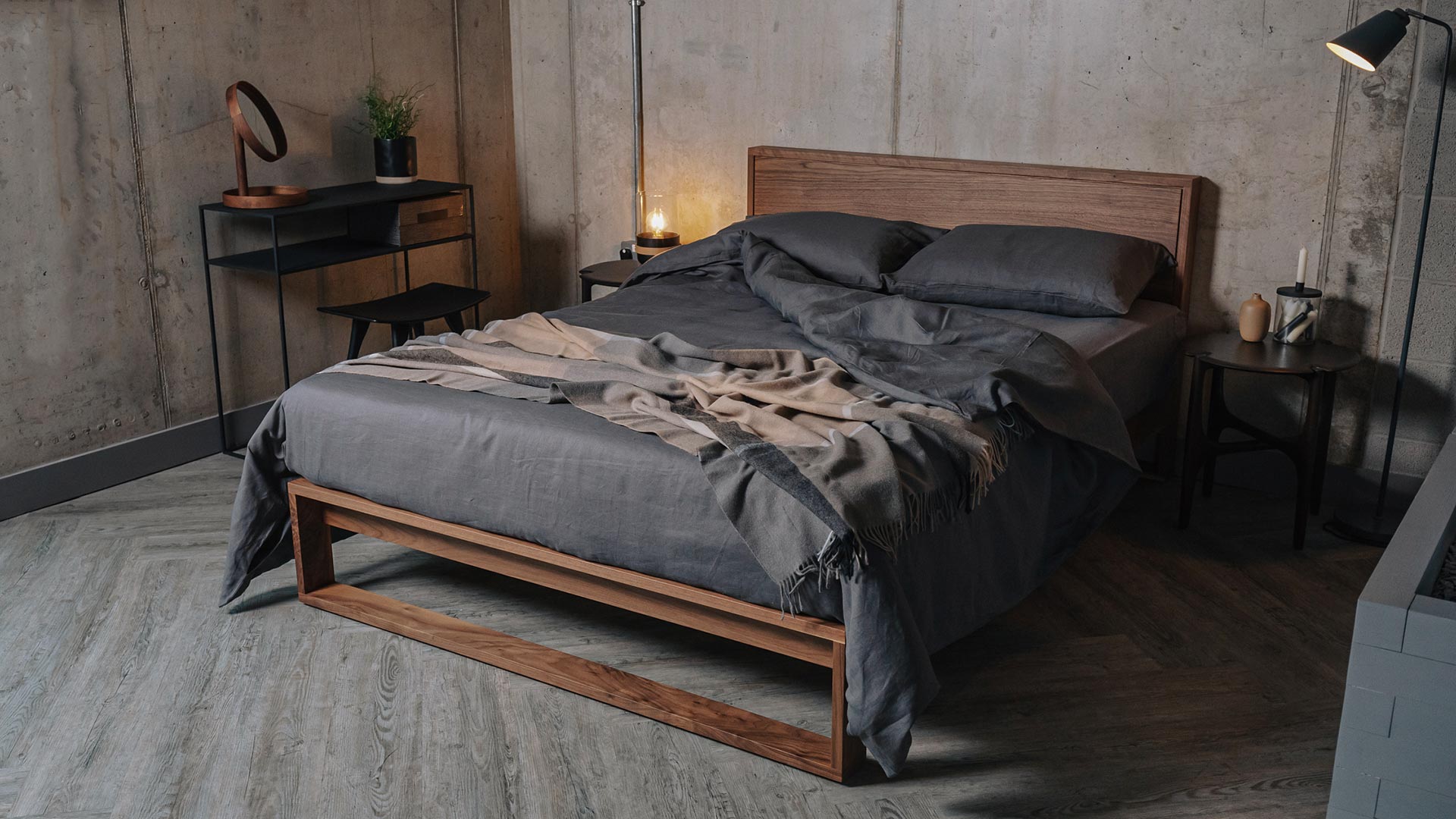 scandinavian style bedroom - dark linen bedding on our solid walnut Leith bed