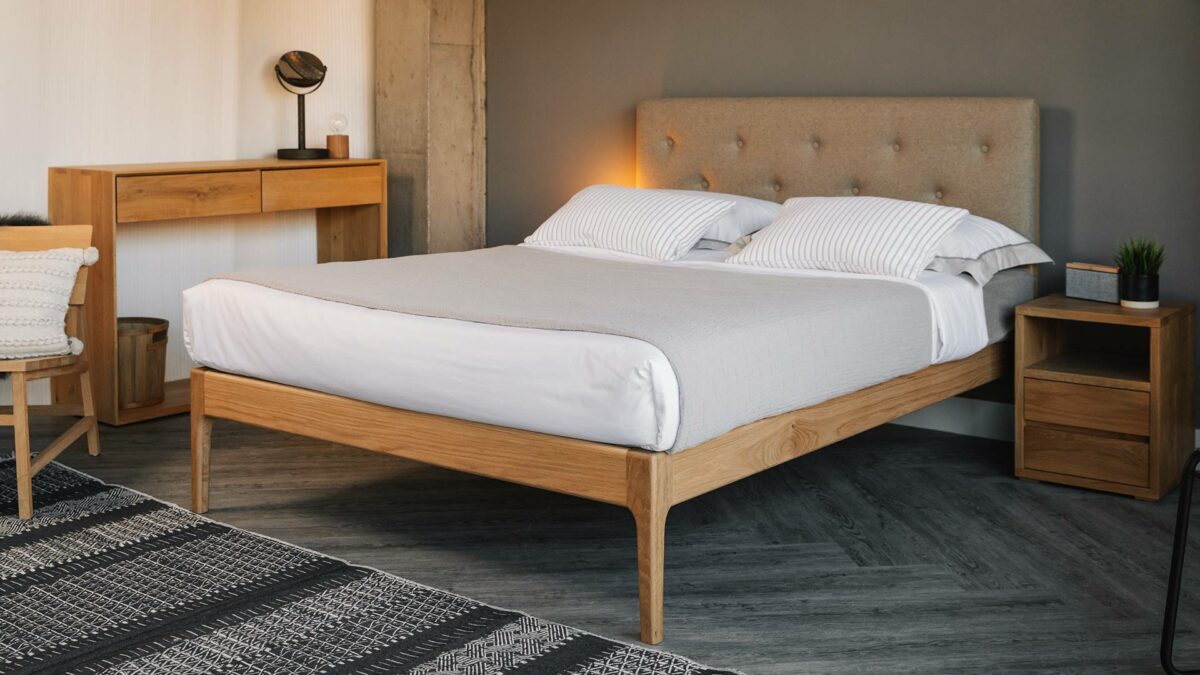 modern oak bed with upholstered headboard panel