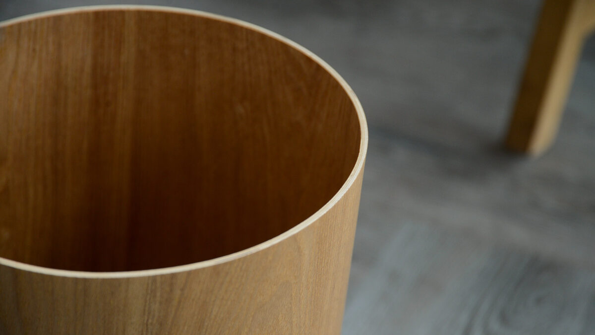 modern oak waste paper bin detail close up