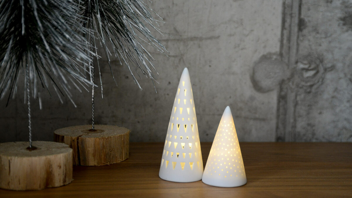 mini trees porcelain christmas decorations shown lit