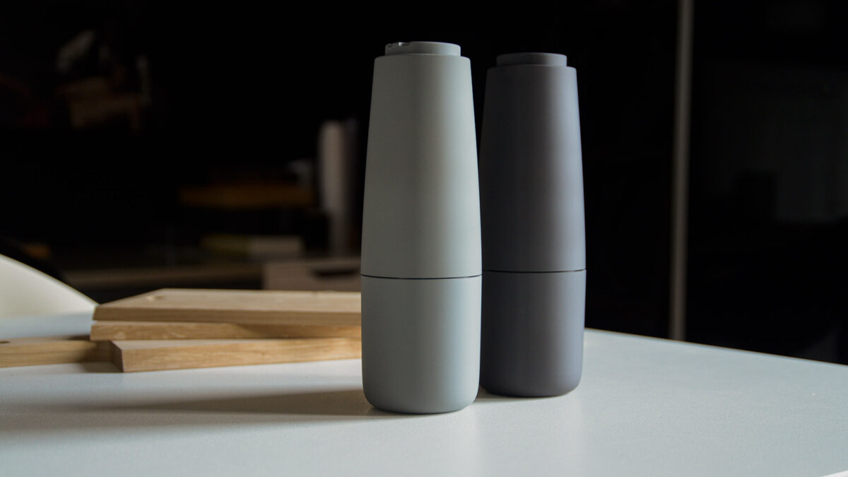 pair of salt and pepper grinders in shades of grey