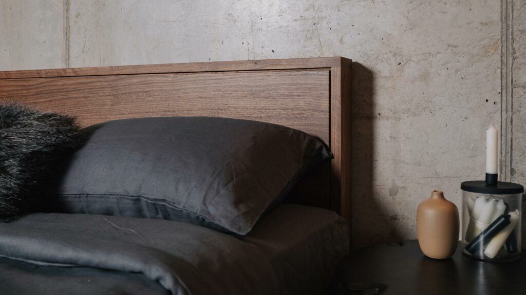 dark grey linen bedding on a kingsize walnut Leith bed for a Nordic look