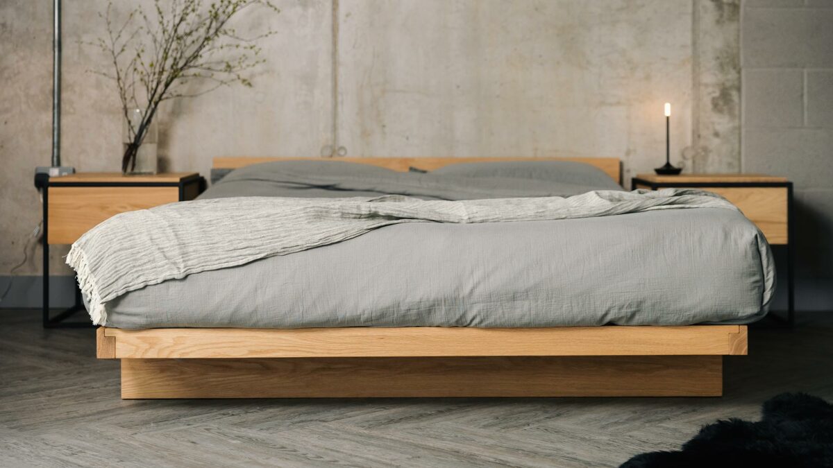 moss grey musling bedding with greenish grey throw on Kumo bed