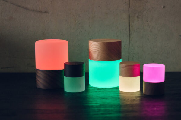 Chargeable colour change LED small lights with wooden bases