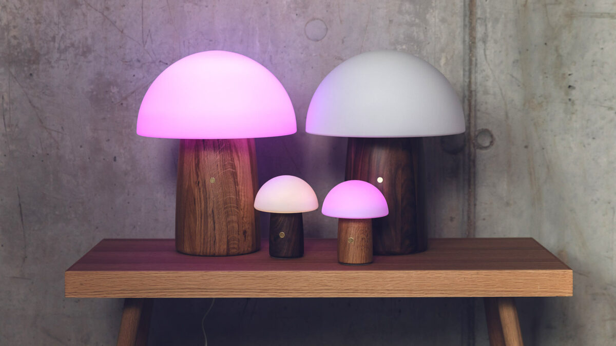 Mushroom shape lights in 2 sizes with colour change and white light modes and a choice of oak or walnut bases