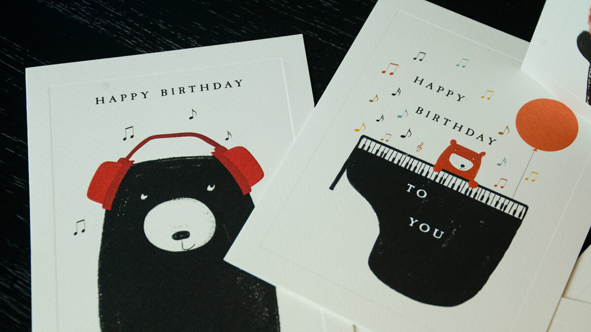 set of greetings cards with a bear print