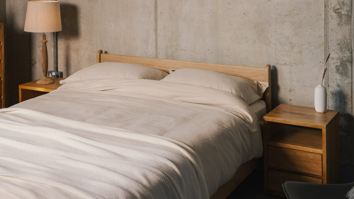 muslin look bedding in taupe on our low, solid oak Pimlico bed