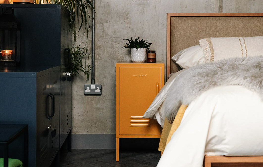 mustard colour bedside storage locker