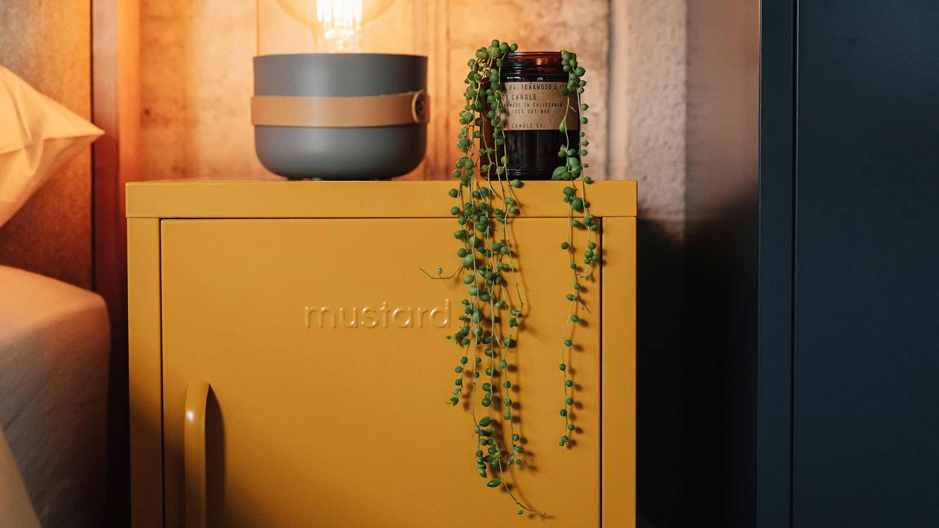 mustard colour bedside storage locker