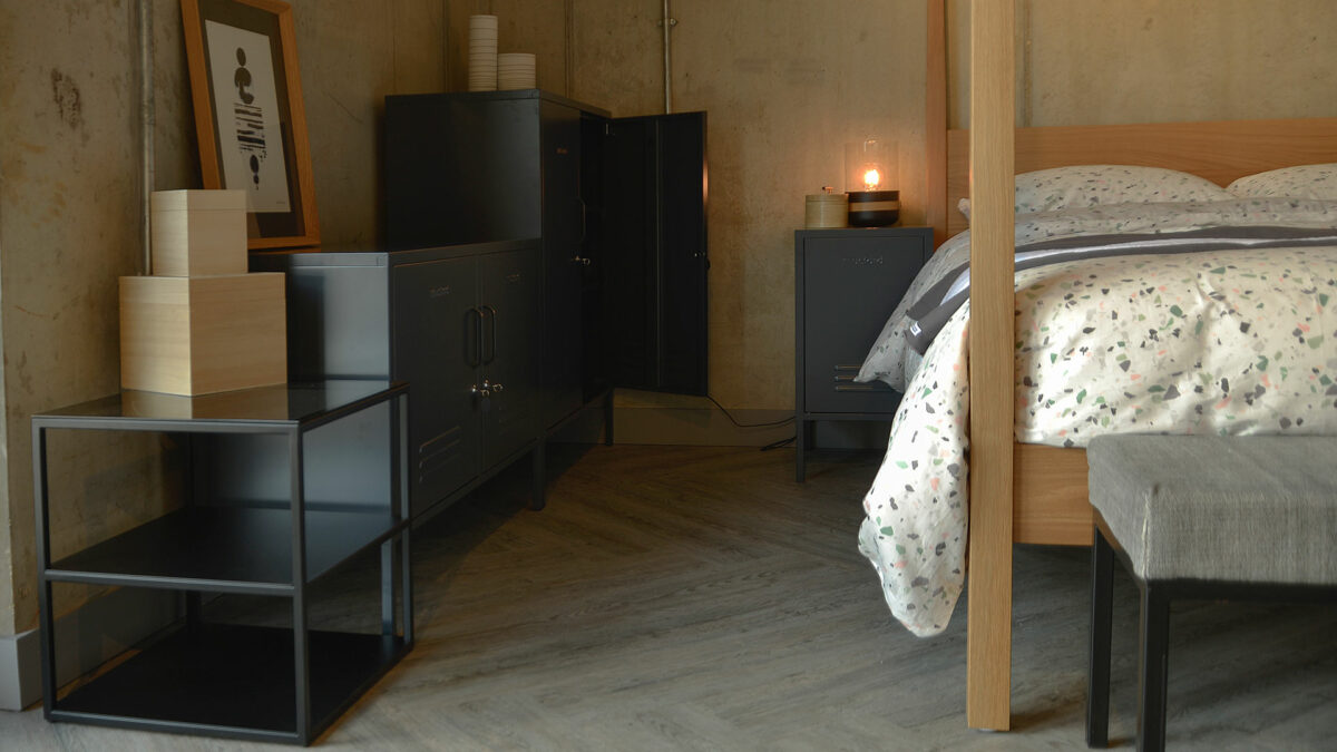 storage lockers shown in slate grey and in a range of sizes